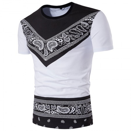 Summer New Men's Round Neck Fashion Short-Sleeved Ethnic Print All-Match T-Shirt