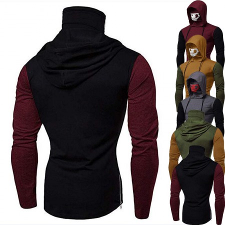 Men's Fashion Hooded High Collar Skull Stitching Long-Sleeved T-Shirt Men's Long-Sleeved T-Shirt