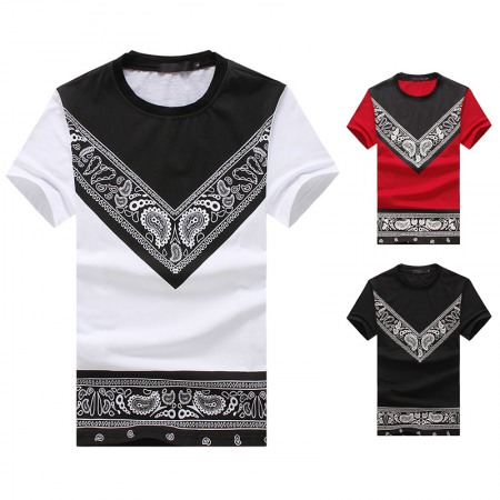 Flat Summer New Men's Round Neck Fashion Short-Sleeved Ethnic Print All-Match T-Shirt